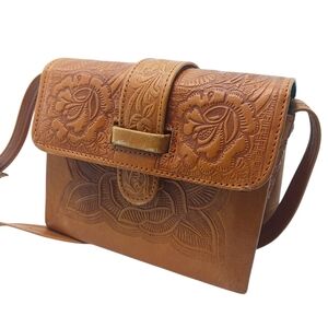 Mexican Tooled Leather Womens Handbag Tan Floral Boho Western Fall Boho
